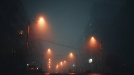 A serene nighttime scene depicting a foggy urban street illuminated by glowing streetlights, creating an atmospheric, mysterious ambiance perfect for evocative storytelling.の素材