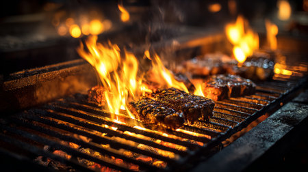 Experience the art of grilling with this captivating close-up of sizzling steaks over vibrant flames, highlighting the charred texture and juicy flavor of perfectly cooked meat.の素材