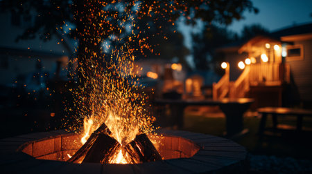 A beautiful campfire scene capturing vibrant sparks and warm flames, set against a tranquil night sky. Perfect for evoking feelings of relaxation and joy outdoors.の素材