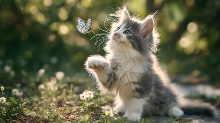 A charming scene of a playful kitten reaching for a delicate butterfly in a serene garden setting. Sunlight highlights the kitten's fur and the vibrant surroundings.の素材