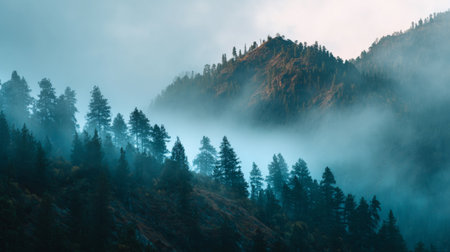Captivating mountain landscape captures the essence of nature with fog enveloping tall pine trees. A tranquil and serene setting that inspires exploration and relaxation.の素材