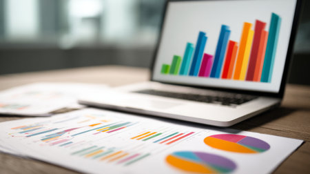A laptop features colorful bar graphs and pie charts, displaying business data while documents lie on a wooden table, emphasizing modern office analysis and productivity.の素材