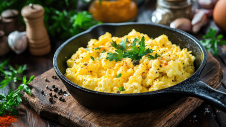 A rustic kitchen scene with a cast-iron skillet filled with golden scrambled eggs, surrounded by fresh herbs and spices, highlighting traditional cooking methods.の素材