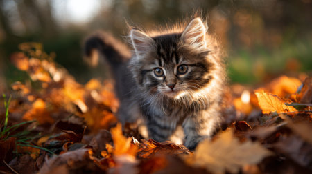 A playful kitten wanders through a field of colorful autumn leaves, capturing the essence of joy and curiosity in a tranquil forest setting.の素材