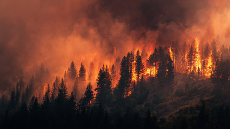 A powerful visual of a forest engulfed in flames, illustrating the fierce beauty and destructive force of wildfires. This scene captures urgency and environmental impact.の素材