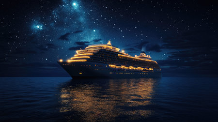 A nighttime scene of a large cruise ship illuminated by bright lights, cruising through the ocean under a starry sky, capturing the magic of night travel.の素材
