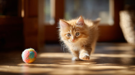 A charming orange tabby kitten roams playfully across a warm wooden floor, drawn towards a colorful toy. Sunlight enhances the cozy atmosphere, inviting joy.の素材