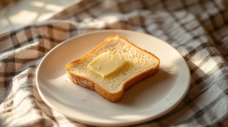 A perfectly toasted slice of bread, golden brown and crisp, placed on a clean white plate with a light butter spread, creating a simple yet inviting breakfast scene.の素材