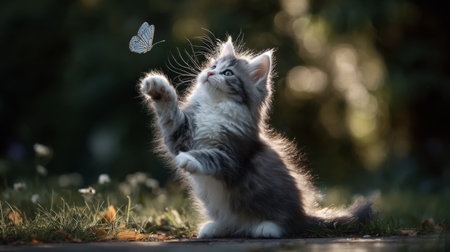 A charming gray kitten playfully reaches for a delicate butterfly in a sunlit garden, showcasing the beauty and innocence of nature's interactions in a serene setting.の素材