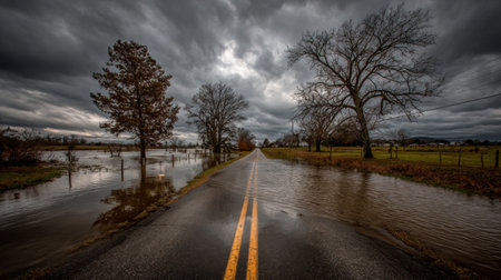 This striking image captures a flooded road setting in an atmospheric landscape. The ominous clouds loom over tranquil trees as water rises, showcasing nature's power.の素材