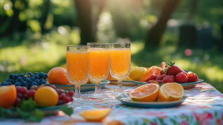 A refreshing outdoor picnic scene with glasses of orange juice, fruit platters, and a bright tablecloth, capturing the joy of summer gatherings.の素材