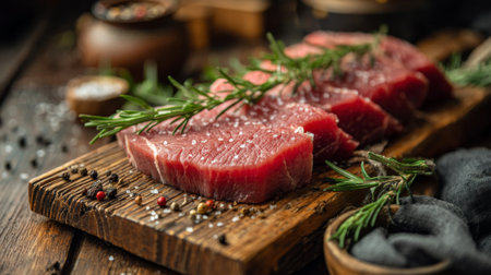 Beautifully arranged fresh red meat slices on a rustic wooden board, garnished with rosemary and spices, ideal for food photography, cooking inspiration, and culinary art.の素材