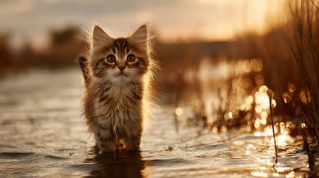 A charming fluffy kitten playfully walks through shallow water during golden hour, surrounded by tall grass and a serene backdrop, capturing a moment of innocence and beauty.の素材