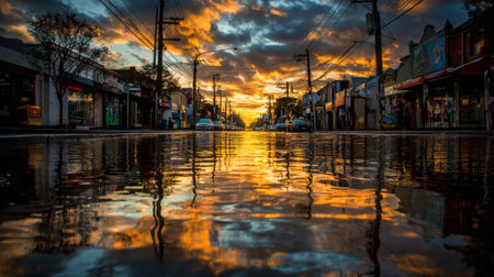 A stunning urban street scene showcases a vibrant sunset reflected in rain puddles, with dramatic clouds enhancing the atmosphere, evoking tranquility and beauty.の素材