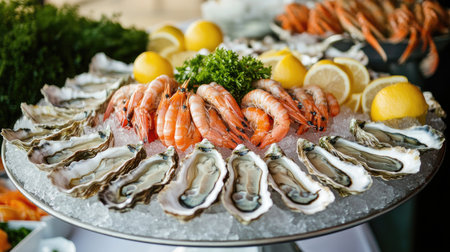 A raw seafood bar featuring fresh oysters on the half shell, shrimp cocktail, and crab claws, beautifully arranged with ice and lemon slices.の素材