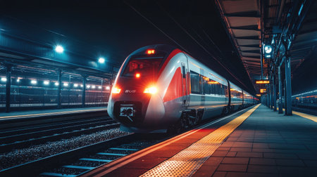 A nighttime shot of an electric train illuminated by platform lights as it arrives at a station, creating a dramatic and inviting atmosphere.の素材