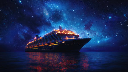 A nighttime scene of a large cruise ship illuminated by bright lights, cruising through the ocean under a starry sky, capturing the magic of night travel.の素材