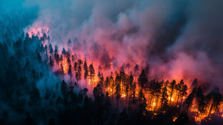 A captivating aerial shot capturing a wildfire's intense flames consuming a dense forest. Thick smoke clouds surround the blazing trees, illustrating nature's fierce power.の素材