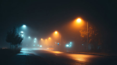A tranquil foggy night scene captures the soft glow of street lamps illuminating a wet road. Trees are silhouetted against the atmospheric haze, creating a serene urban landscape.の素材