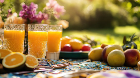 A refreshing outdoor picnic scene with glasses of orange juice, fruit platters, and a bright tablecloth, capturing the joy of summer gatherings.の素材