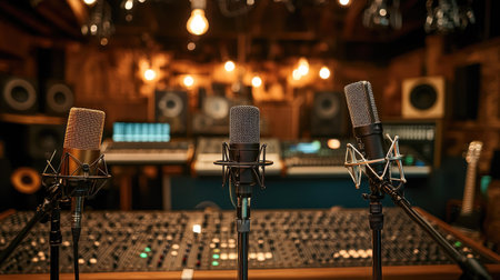 A recording studio scene featuring various microphones set up for a session, illustrating the tools of the trade for sound engineers and musicians.の素材