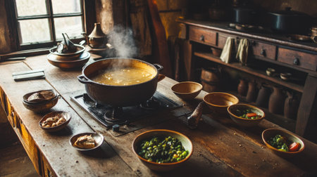 A rustic wooden table set for a meal, with a large pot of soup simmering on the stove and bowls waiting to be filled, evoking a cozy dining atmosphere.の素材
