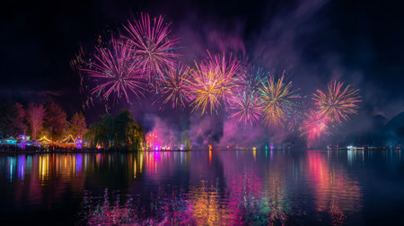 A vibrant display of fireworks lights up the night sky, reflecting beautifully on calm waters. This picturesque scene captures the essence of celebration and joy during festive events.の素材