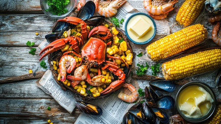 A seafood boil spread with crab, shrimp, mussels, and corn, served on a rustic table with newspapers and melted butter for a casual, fun dining experience.の素材