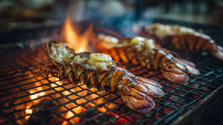 Sizzling grilled lobster tails are nestled over a charcoal fire, adorned with melting butter, creating a perfect outdoor dining experience filled with flavor and aroma.の素材