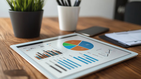 A pie chart and line graph on a digital tablet, showing the distribution of financial assets in a banking portfolio, set against a modern office desk.の素材
