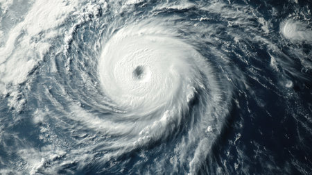 A satellite view of a giant typhoon spiraling across the ocean, showing the enormous size and structure of the storm system from space.の素材