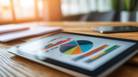 A pie chart and line graph on a digital tablet, showing the distribution of financial assets in a banking portfolio, set against a modern office desk.の素材