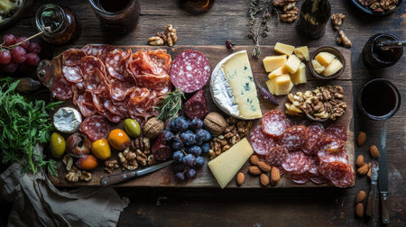 A rustic setting with a charcuterie board beautifully arranged with an assortment of cheeses, cured meats, nuts, and fruits, perfect for entertaining.の素材