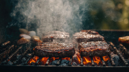 A rustic outdoor grill scene with steaks sizzling over hot coals, smoke rising into the air, illustrating the joy of barbecuing with friends and family.の素材