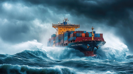 A powerful image of a container ship battling rough waves during a storm, illustrating the challenges faced by maritime vessels in extreme conditions.の素材