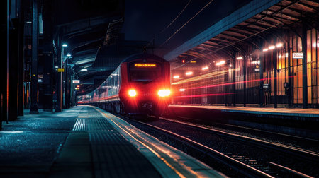A nighttime shot of an electric train illuminated by platform lights as it arrives at a station, creating a dramatic and inviting atmosphere.の素材