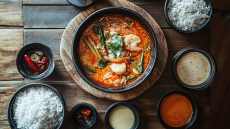 A rustic wooden table setting with a bowl of tom yum goong, served alongside jasmine rice and dipping sauces, highlighting the complete Thai dining experience.の素材