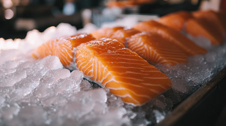 A serene image of fresh salmon fillets on ice at a seafood market, showcasing the quality and freshness of the fish in a rustic settingの素材