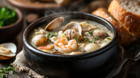 A steaming bowl of seafood chowder, filled with clams, shrimp, and potatoes, served with crusty bread on the side, perfect for a cozy meal.の素材
