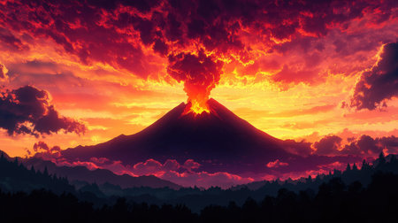 A sunset view of a volcano erupting in the distance, with the sky painted in shades of orange and red, creating a stunning contrast against the dark mountain silhouette.の素材