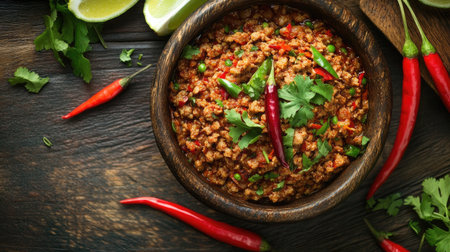 A striking image of a spicy dish served in a bowl, garnished with fresh chili slices and herbs, showcasing the dish's vibrant appeal and flavor.の素材