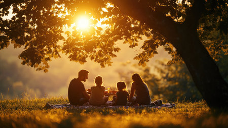 A silhouette of a family gathered around a picnic blanket, enjoying a meal together under a tree, with sunlight filtering through the leaves, evoking warmth and love.の素材