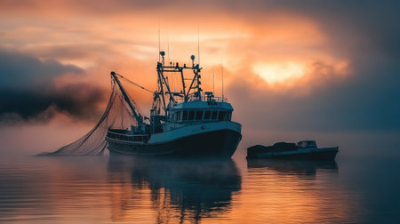 A serene shot of a fishing trawler at dawn, casting nets into the water, highlighting the connection between humans and the ocean's bounty.の素材
