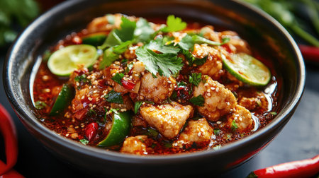 A striking image of a spicy dish served in a bowl, garnished with fresh chili slices and herbs, showcasing the dish's vibrant appeal and flavor.の素材