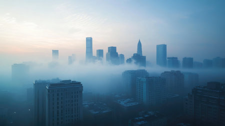 A time-lapse image of a city skyline shrouded in smog, illustrating the increase in air pollution and its link to climate change and industrial activity.の素材
