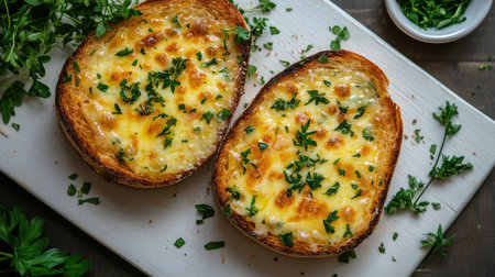 A toasted bread with melted cheese bubbling on top, placed on a white cutting board, surrounded by fresh herbs, creating a mouthwatering composition.の素材
