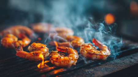 Captivating image of grilled shrimp emitting delicious smoky aromas over flames, showcasing vibrant colors and textures during an outdoor cooking event at sunset.の素材