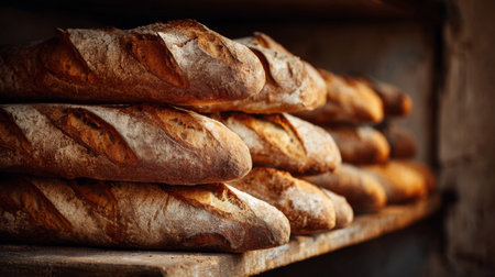 A collection of freshly baked rustic baguettes sits on a wooden rack in a cozy bakery, showcasing their warm hues and rustic textures under soft lighting.の素材