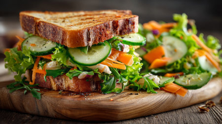 A vibrant sandwich showcasing layers of fresh vegetables, perfect for a nutritious meal or snack. This visually appealing dish highlights healthy ingredients and rustic charm.の素材