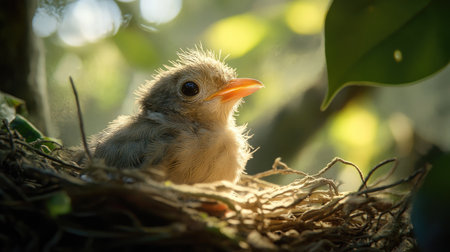 A tender moment captured as a baby bird fluffs its feathers while resting in a nest, showcasing the beauty and delicacy of young wildlifeの素材